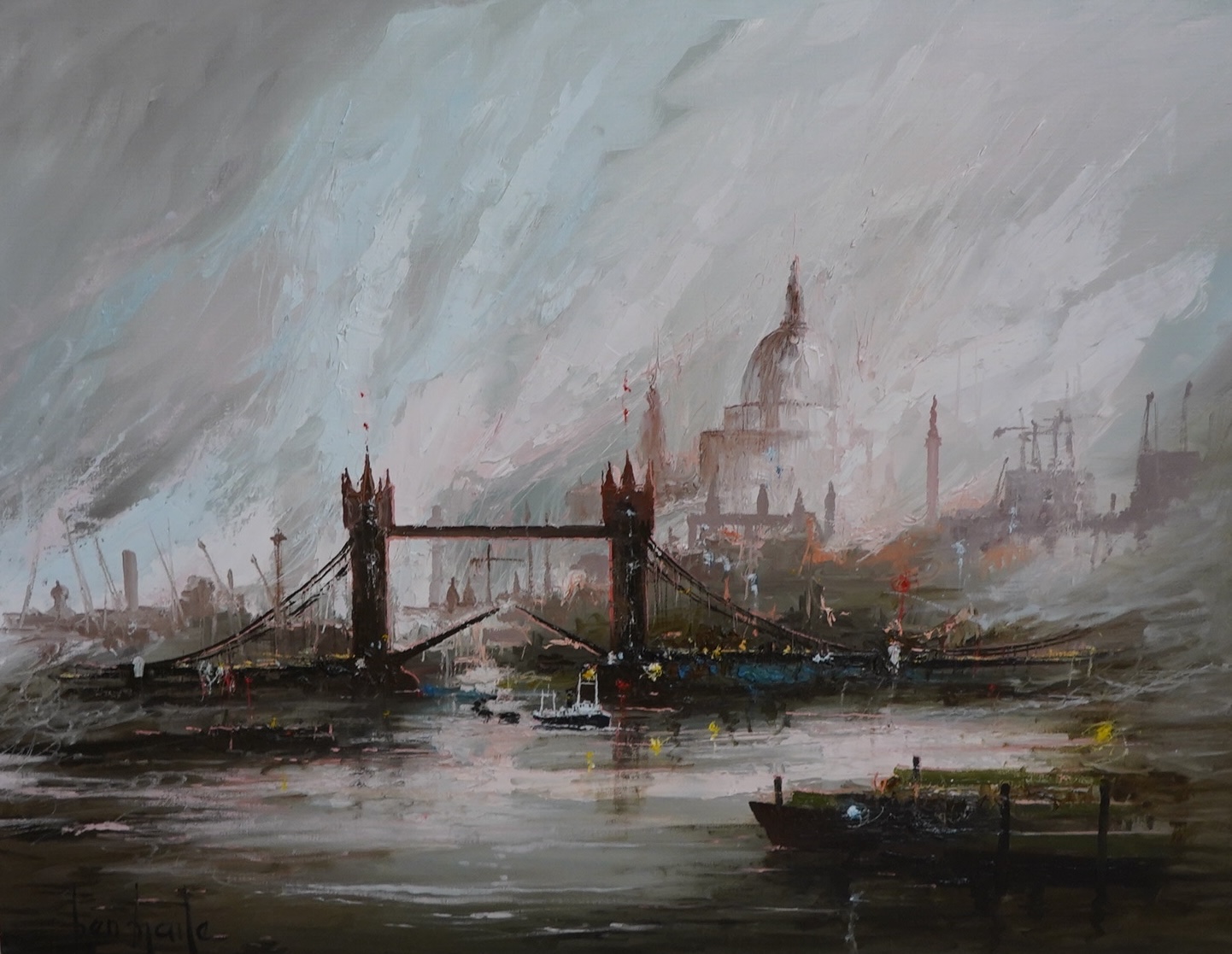 Ben Maile (1922-2017), oil on canvas, Thames riverscape, Port of London, signed, 59 x 74cm. Condition - good